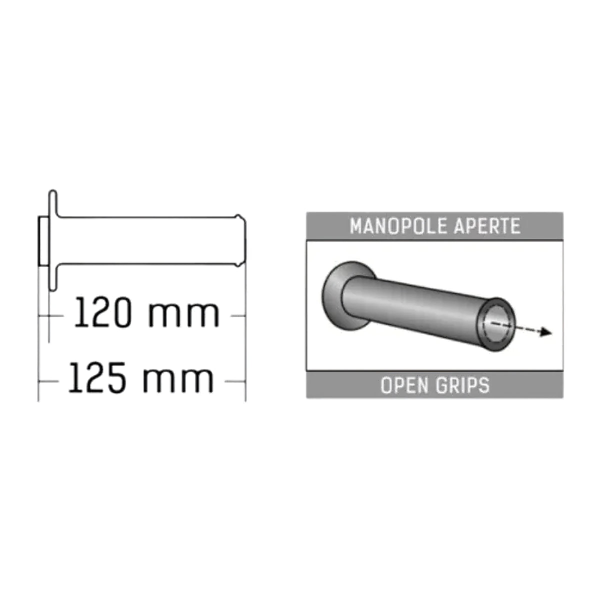 Domino A-Series motorcycle handlebar grip technical diagram showing 120mm and 125mm open-end dimensions.