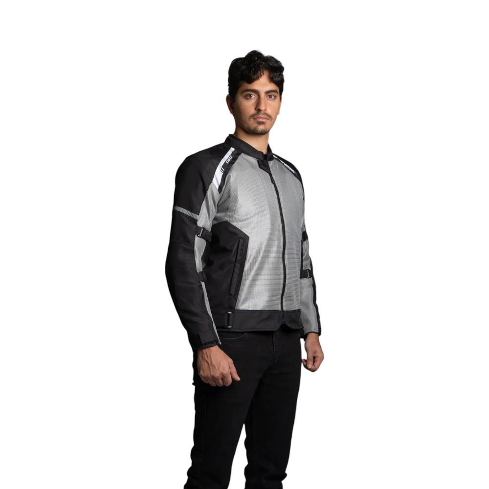 Man wearing a black and gray jacket on a white background
