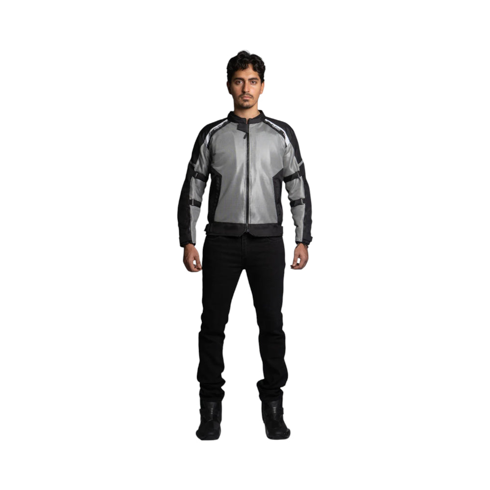 Man wearing a black and gray motorcycle jacket on a white background