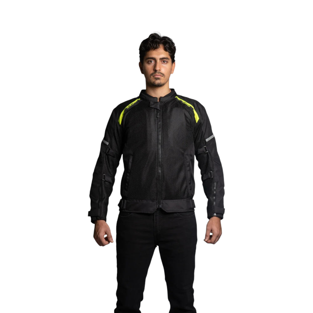 Man wearing a black jacket with yellow accents on a white background