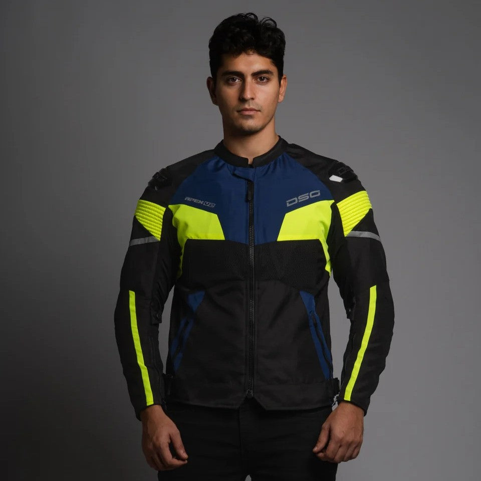 Person wearing a black and neon yellow jacket with 'DSG' branding on a gray background, DSG Apex V2 Riding Jacket with CE Level 2 armor and AA safety certification