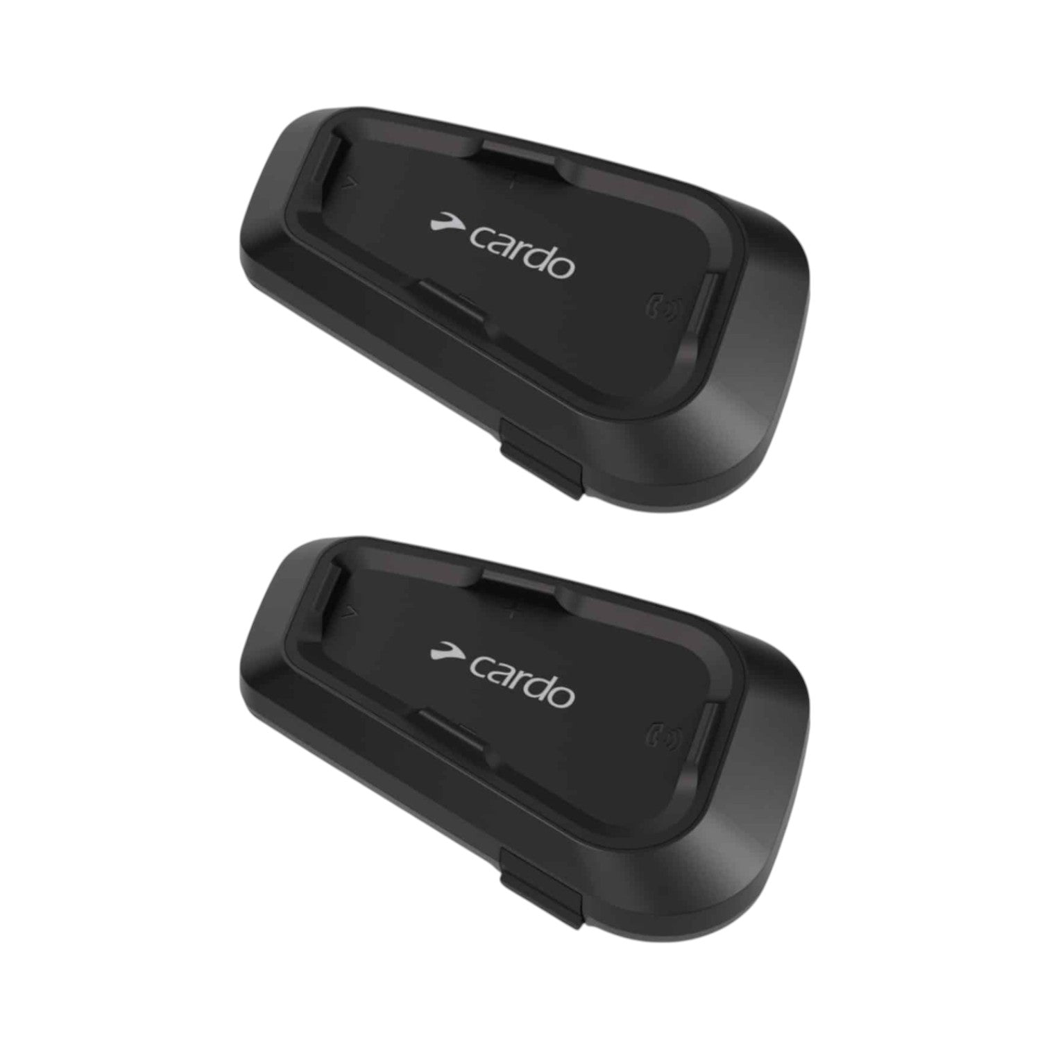 Two black Cardo devices on a white background