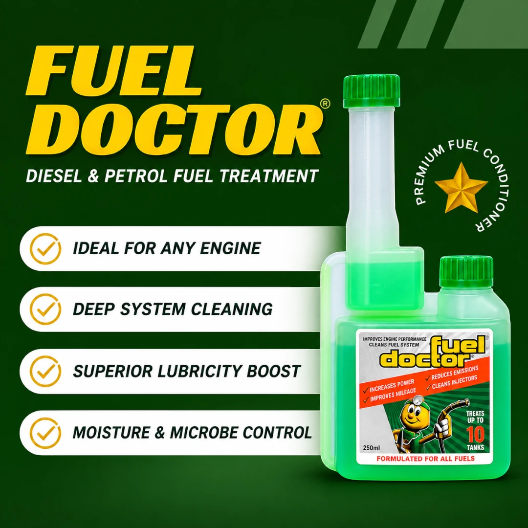 Fuel Doctor diesel and petrol fuel treatment bottle with green liquid and benefits list on a green background