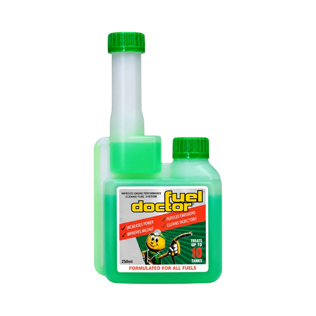 Fuel Doctor 250ml fuel treatment bottle for petrol and diesel engines with green liquid and cap.