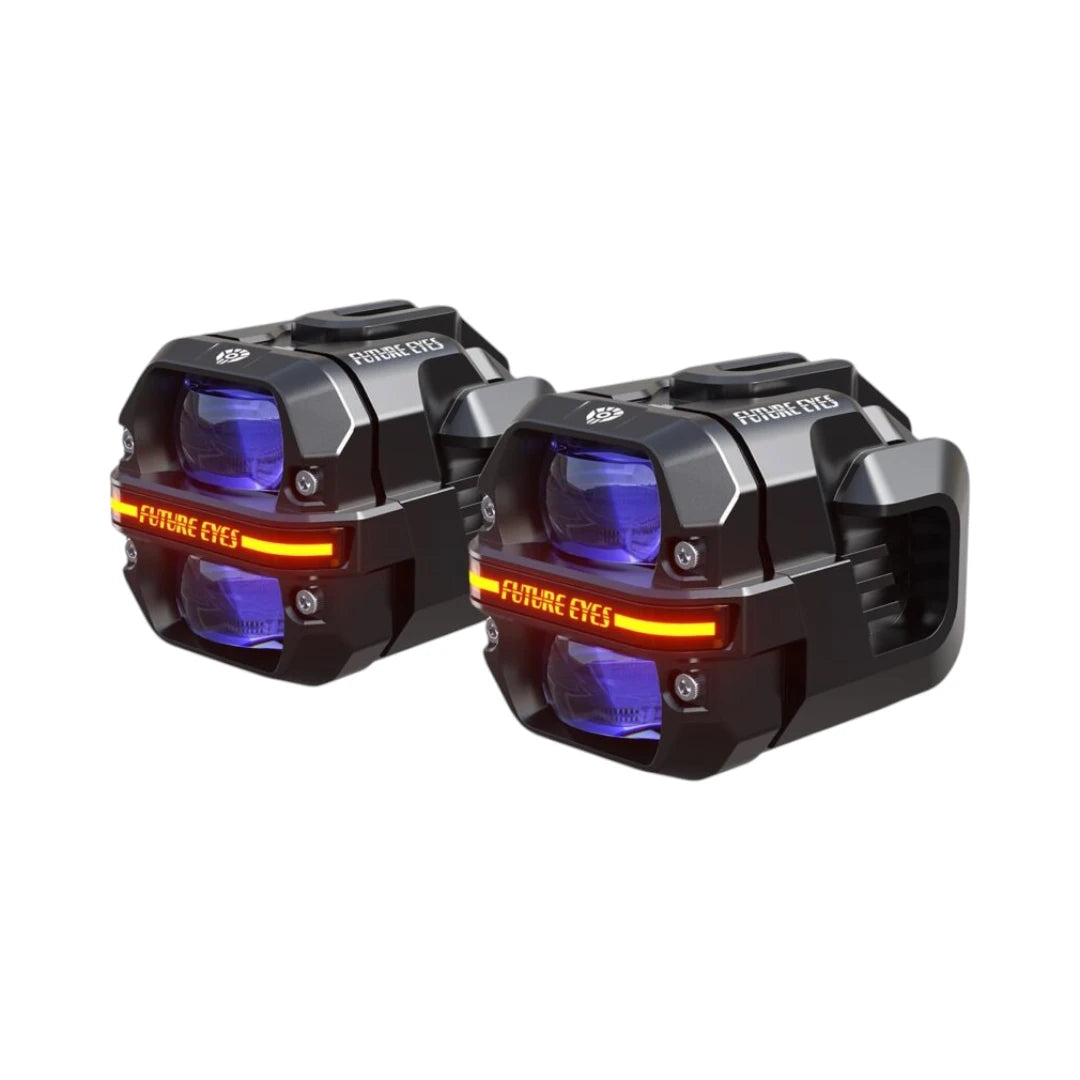 Future Eyes X60 LED motorcycle auxiliary lights with black aluminum housing and blue lens projection