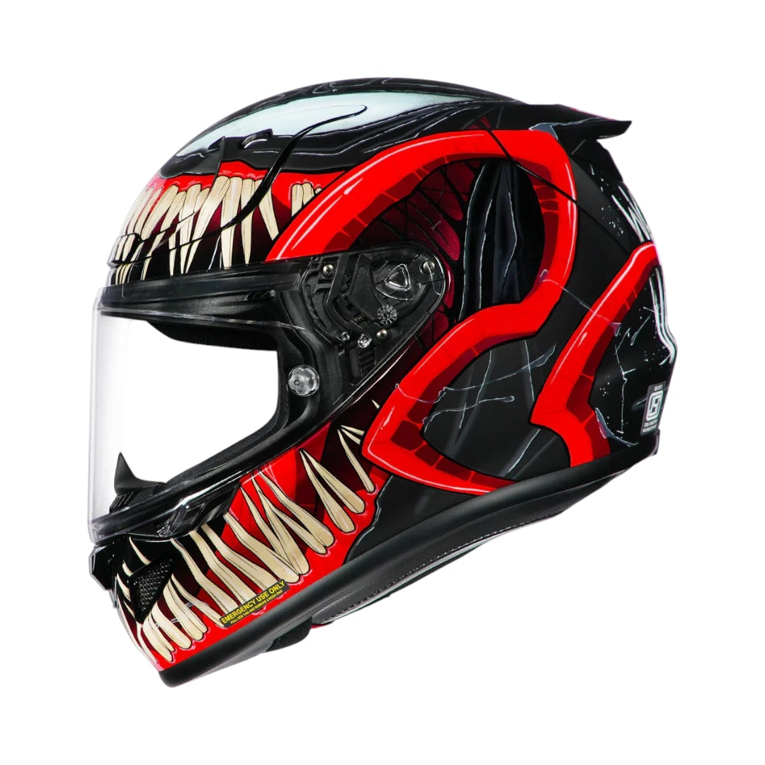 HJC RPHA 12 Venom 3 motorcycle helmet featuring black and red Marvel Venom graphics and a clear visor