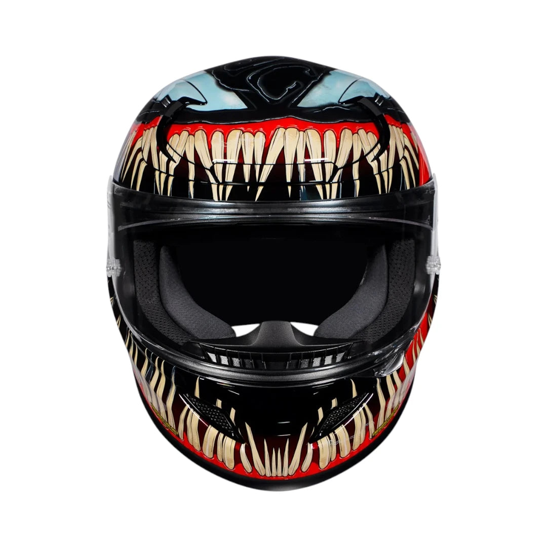 HJC RPHA 12 Venom 3 motorcycle helmet featuring iconic Marvel Venom graphics with sharp teeth and red accents