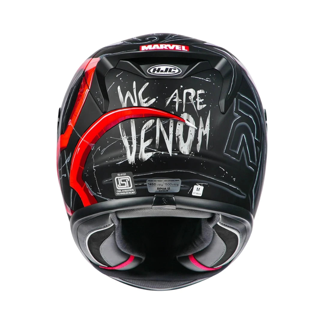HJC RPHA 12 Venom 3 motorcycle helmet rear view featuring black and red Marvel graphic design