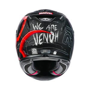 HJC RPHA 12 Venom 3 motorcycle helmet rear view featuring black and red Marvel graphic design