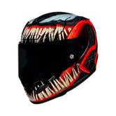 HJC RPHA 12 Venom 3 motorcycle helmet featuring a red and black graphic design with sharp teeth details.