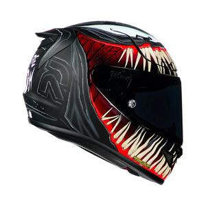 HJC RPHA 12 Venom 3 motorcycle helmet featuring a black shell with detailed red and white Venom graphics.