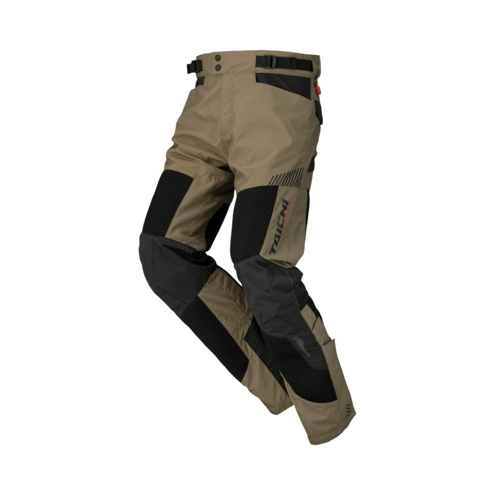 Tan and black pants with a RS Taichi logo on a white background
