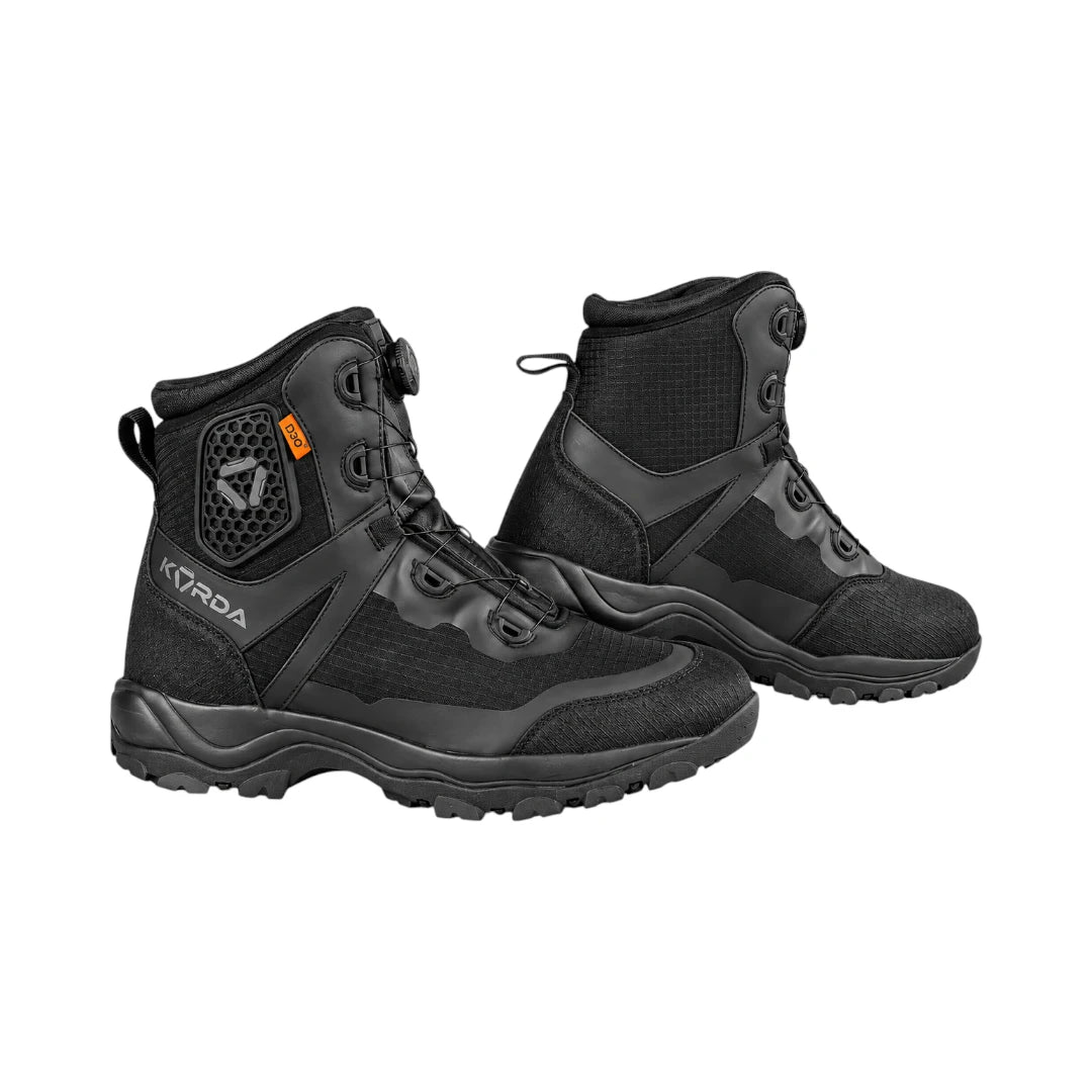 Korda Recon waterproof motorcycle riding boots in black with D3O ankle armor and FITGO dial closure system.