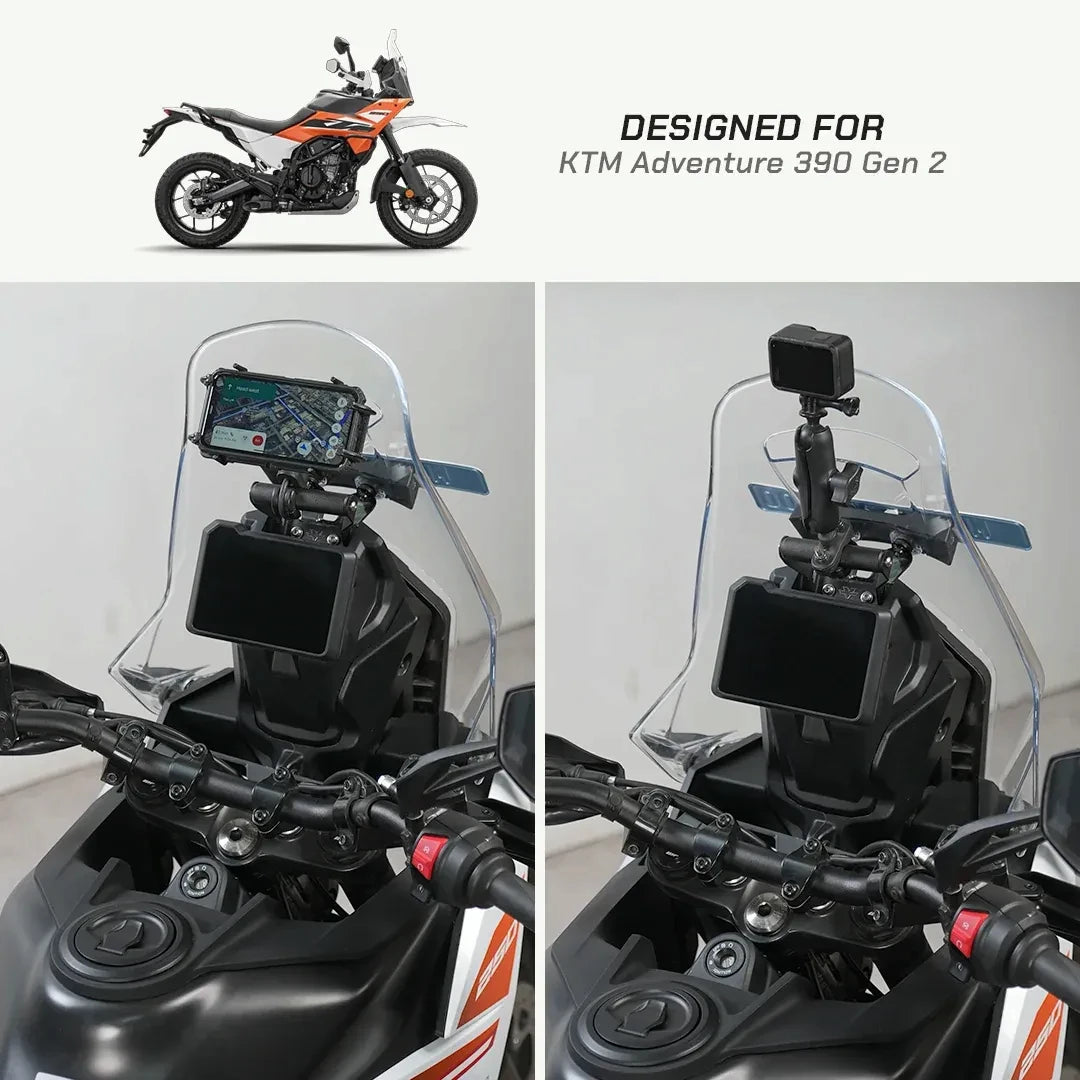 Mobile and GPS mount installed on a KTM Adventure 390 cockpit, featuring a secure matte black metal design.