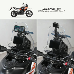 Mobile and GPS mount installed on a KTM Adventure 390 cockpit, featuring a secure matte black metal design.