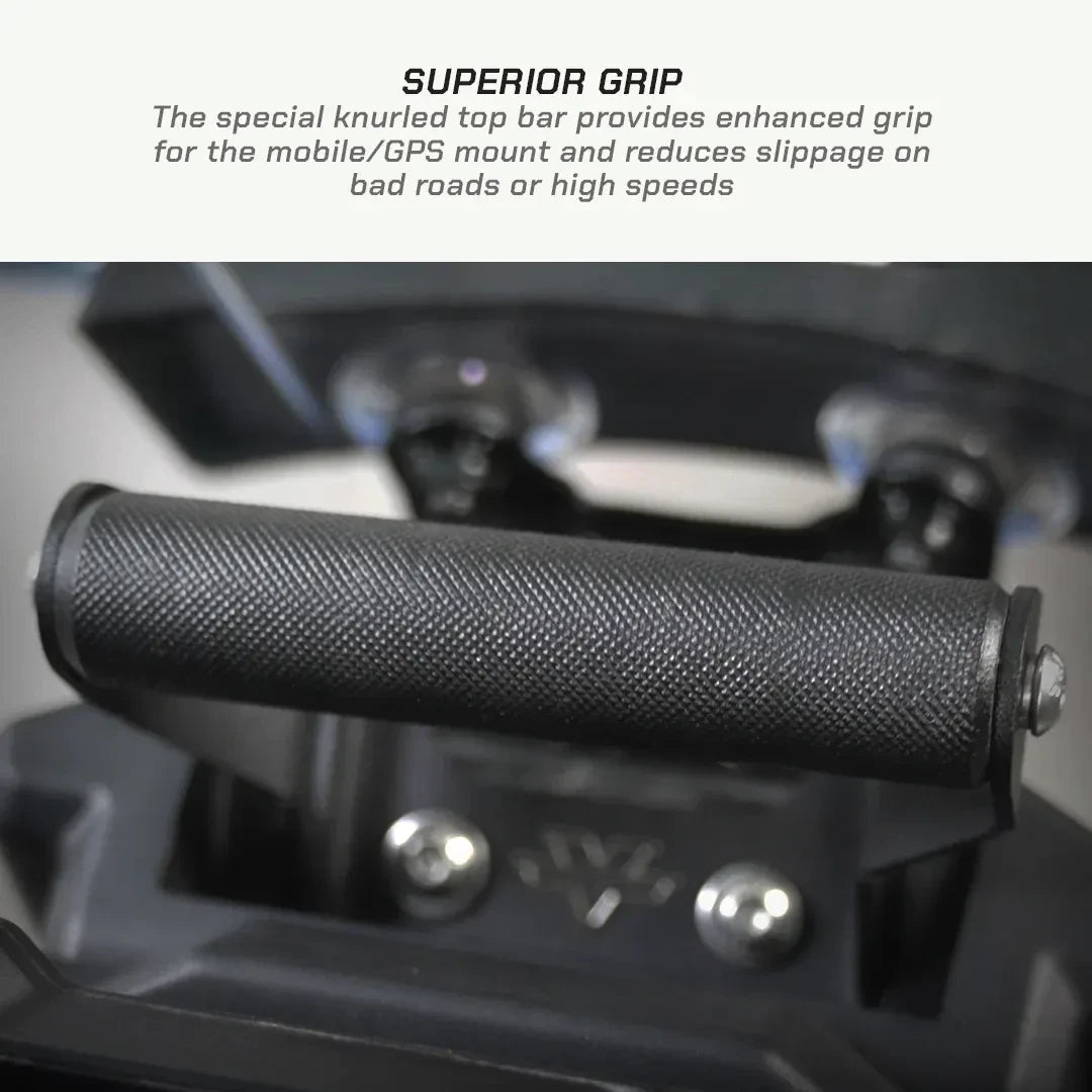 ViaTerra knurled mobile and GPS mount bar for KTM Adventure 390 Gen 3 in matte black finish