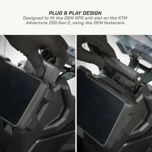 ViaTerra mobile and GPS mount installed on a KTM Adventure motorcycle cockpit with a plug and play design.