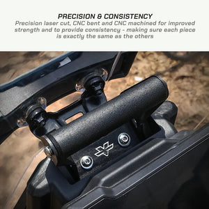 ViaTerra matte black CNC-machined mobile and GPS mount installed on a KTM Adventure 390 Gen 3 motorcycle.