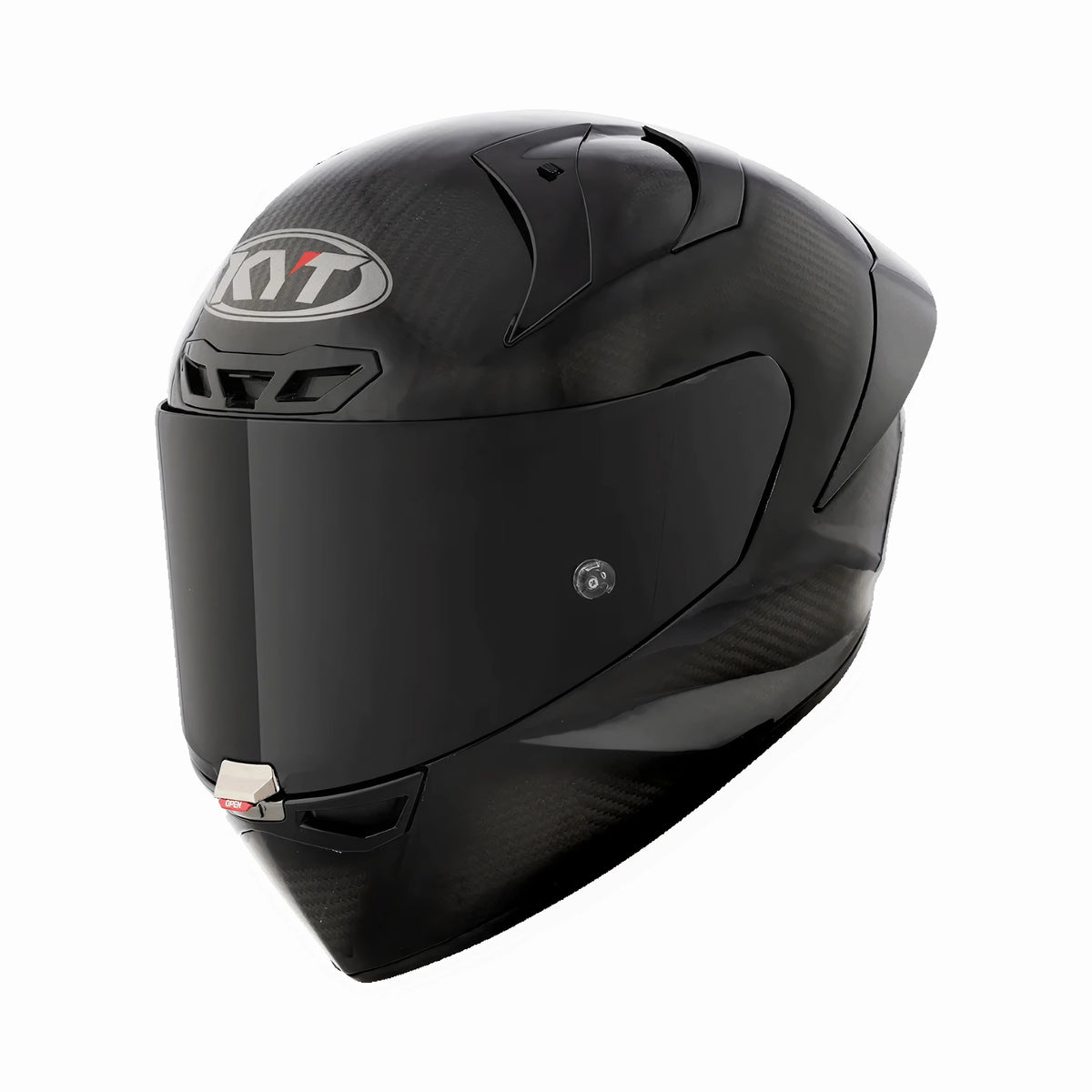KYT KX-1 Race GP Carbon Glossy full-face motorcycle helmet with a dark visor and aerodynamic spoiler.
