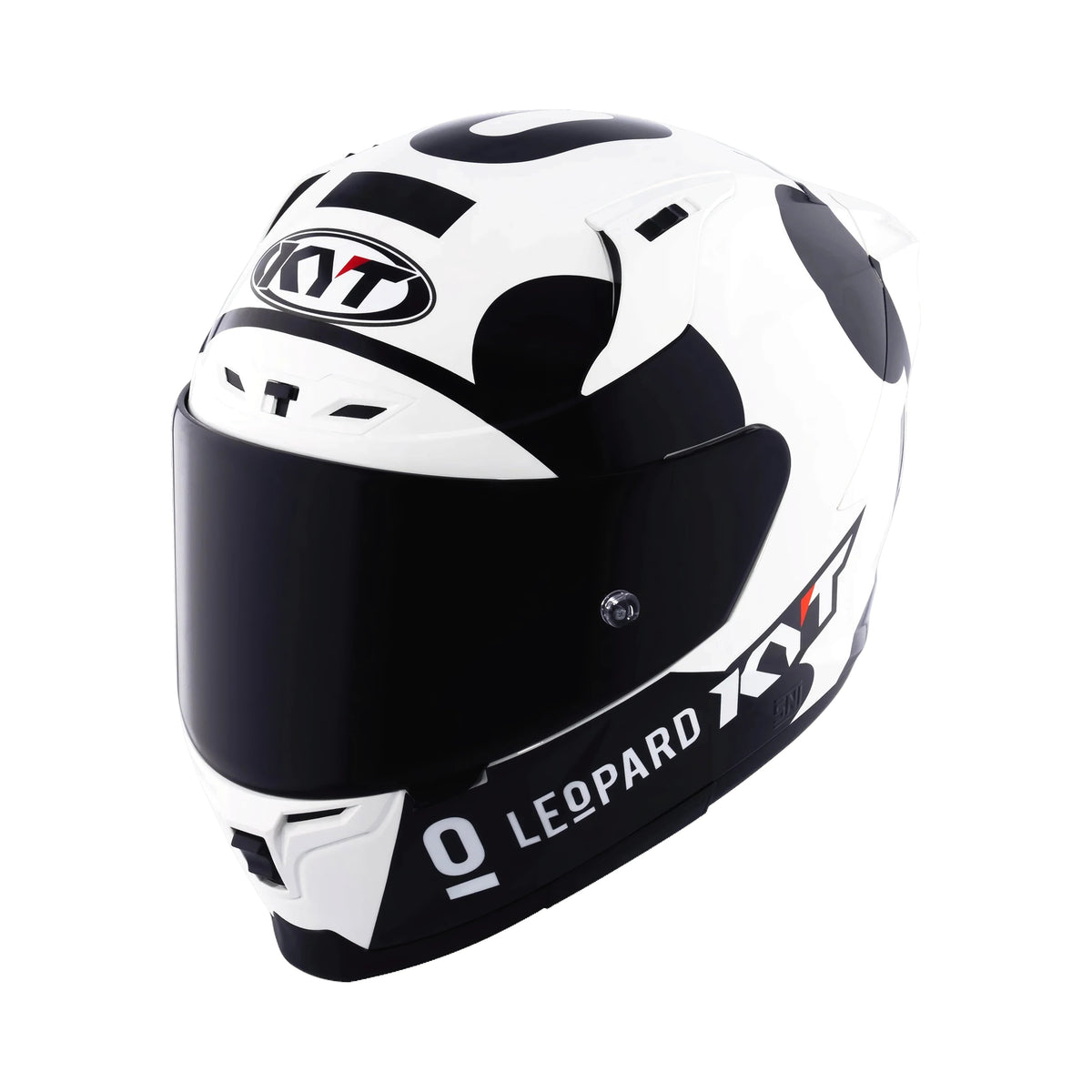KYT Striker SV Leopard Panda full-face motorcycle helmet with white and black graphic and tinted visor