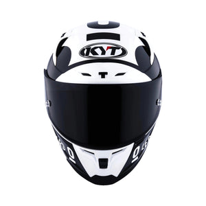 KYT Striker SV Leopard Panda full-face motorcycle helmet with a white and black graphic and dark visor