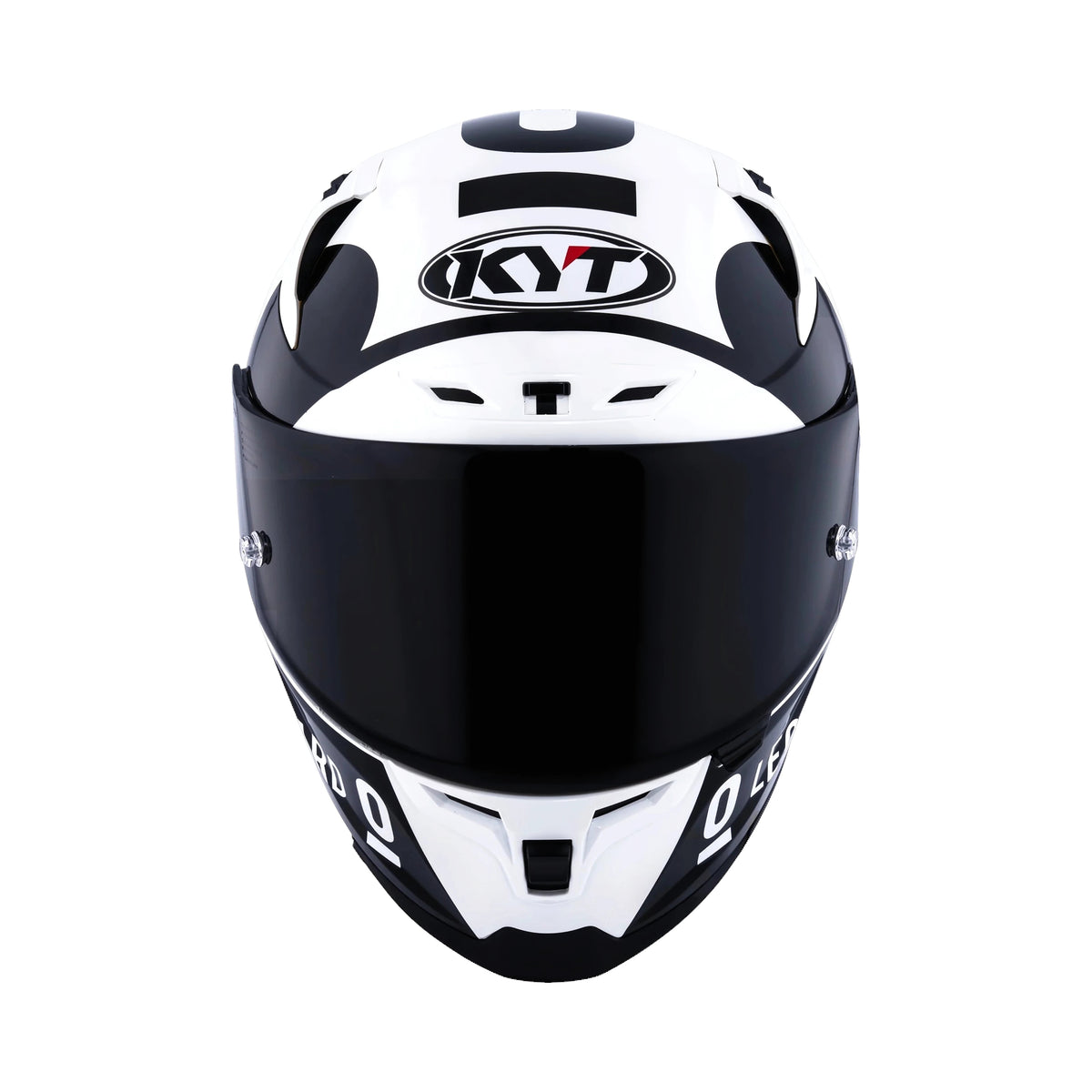 KYT Striker SV Leopard Panda full-face motorcycle helmet with a white and black graphic and dark visor