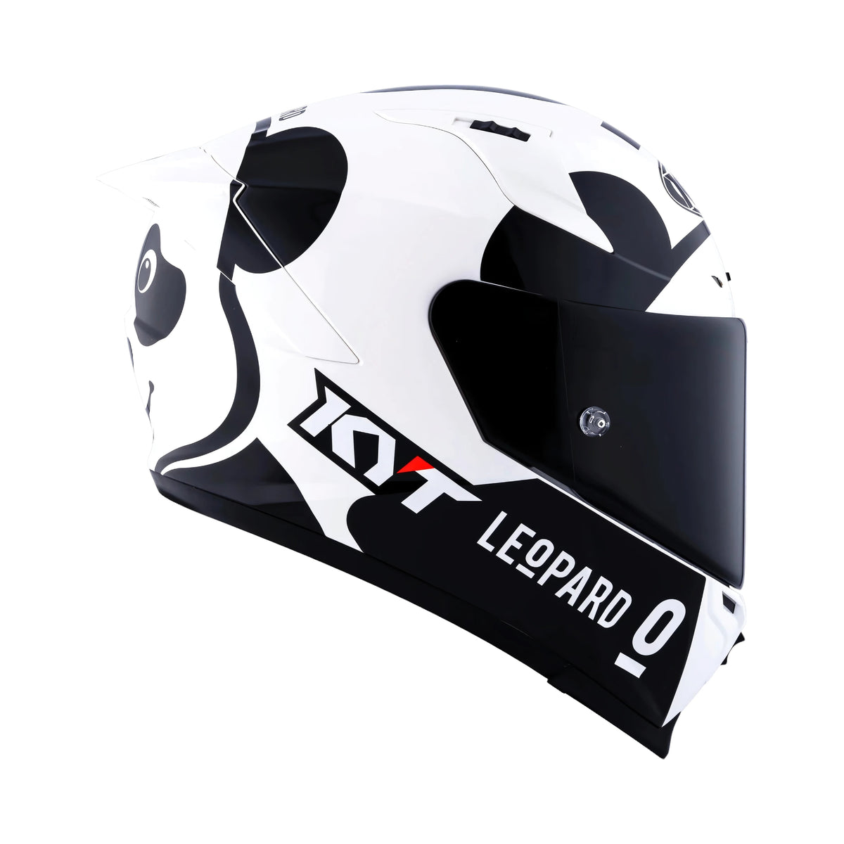 KYT Striker SV Leopard Panda full-face motorcycle helmet with black and white graphic and tinted visor