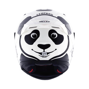 KYT Striker SV full-face motorcycle helmet featuring a white and black panda graphic design