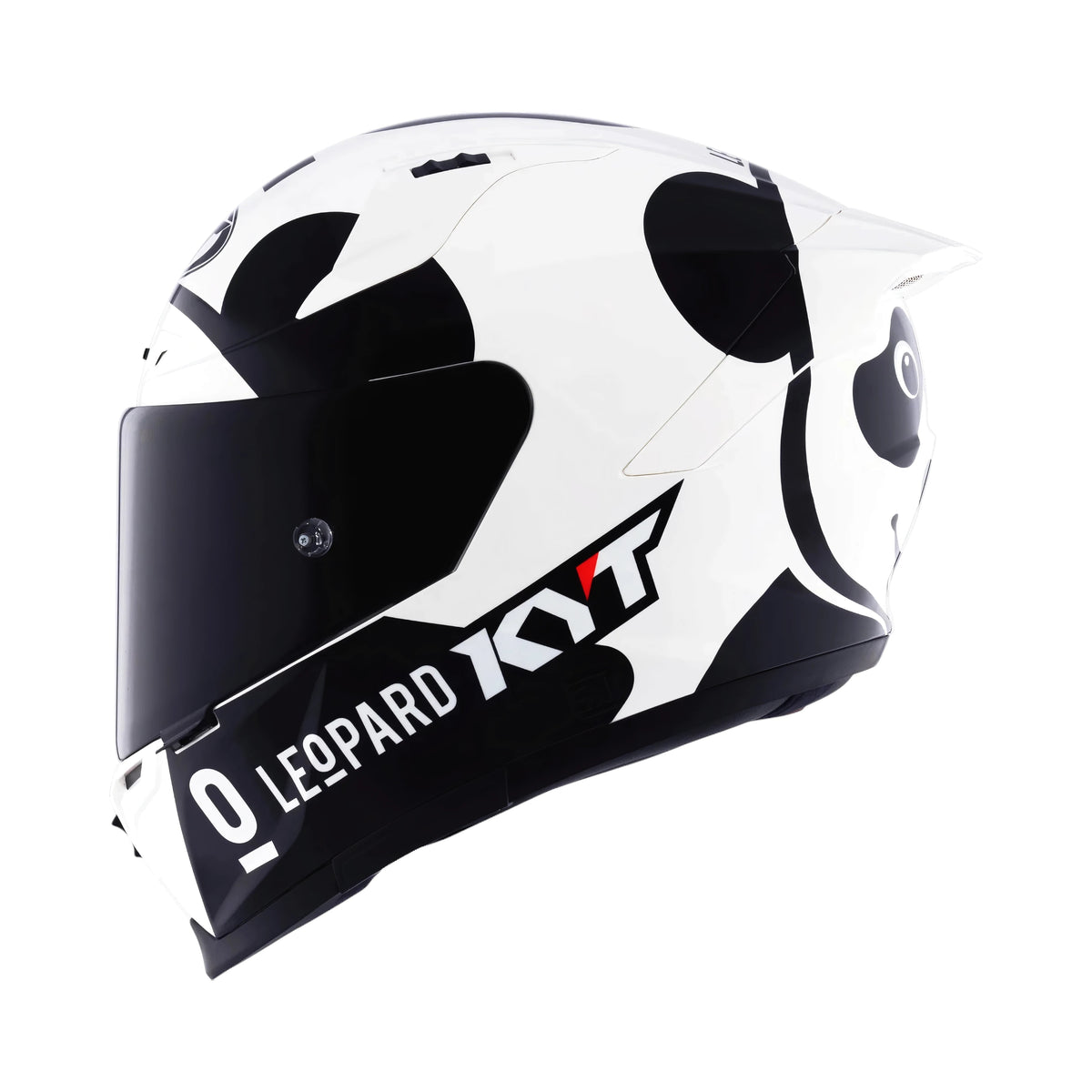 KYT Striker SV Leopard Panda full-face motorcycle helmet with black and white graphic and tinted visor