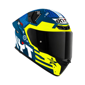 KYT TT Revo Fuselage full face motorcycle helmet in blue and yellow with a dark anti-scratch visor.