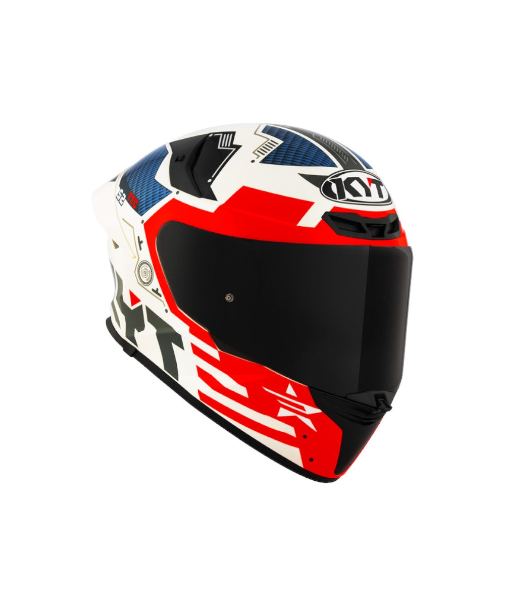 KYT TT Revo Fuselage full-face motorcycle helmet featuring an aerodynamic shell design, dynamic Fuselage graphics, wide-vision visor, efficient ventilation system, comfortable removable liner, and ECE-certified protection for sport and street riders.