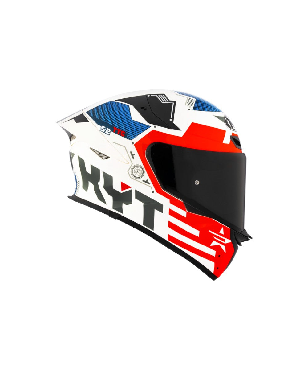 KYT TT Revo Fuselage full-face motorcycle helmet featuring an aerodynamic shell design, dynamic Fuselage graphics, wide-vision visor, efficient ventilation system, comfortable removable liner, and ECE-certified protection for sport and street riders.