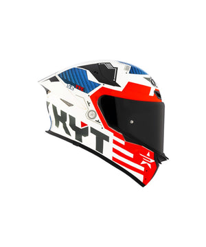 KYT TT Revo Fuselage full-face motorcycle helmet featuring an aerodynamic shell design, dynamic Fuselage graphics, wide-vision visor, efficient ventilation system, comfortable removable liner, and ECE-certified protection for sport and street riders.