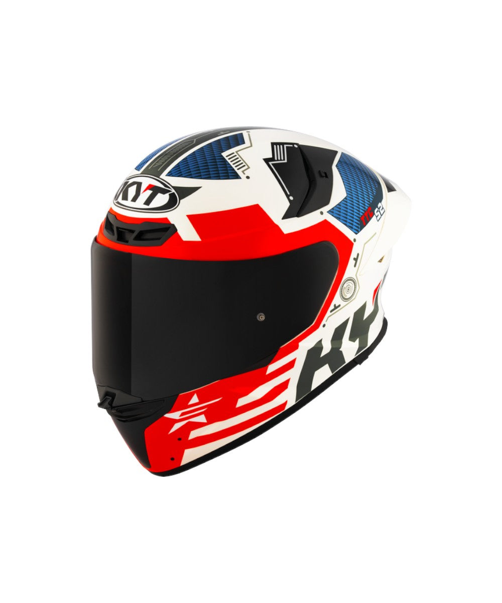 KYT TT Revo Fuselage full-face motorcycle helmet featuring an aerodynamic shell design, dynamic Fuselage graphics, wide-vision visor, efficient ventilation system, comfortable removable liner, and ECE-certified protection for sport and street riders.