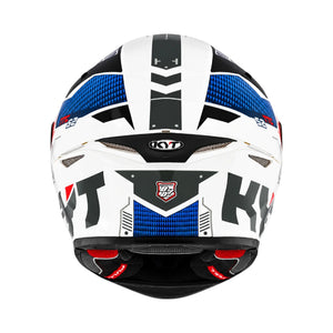 KYT TT Revo Fuselage full-face motorcycle helmet in white, blue, and black with aerodynamic rear vents.