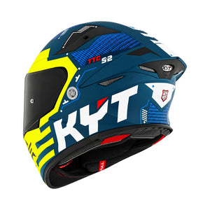 KYT TT Revo Fuselage full face motorcycle helmet in blue and yellow with aerodynamic sport design