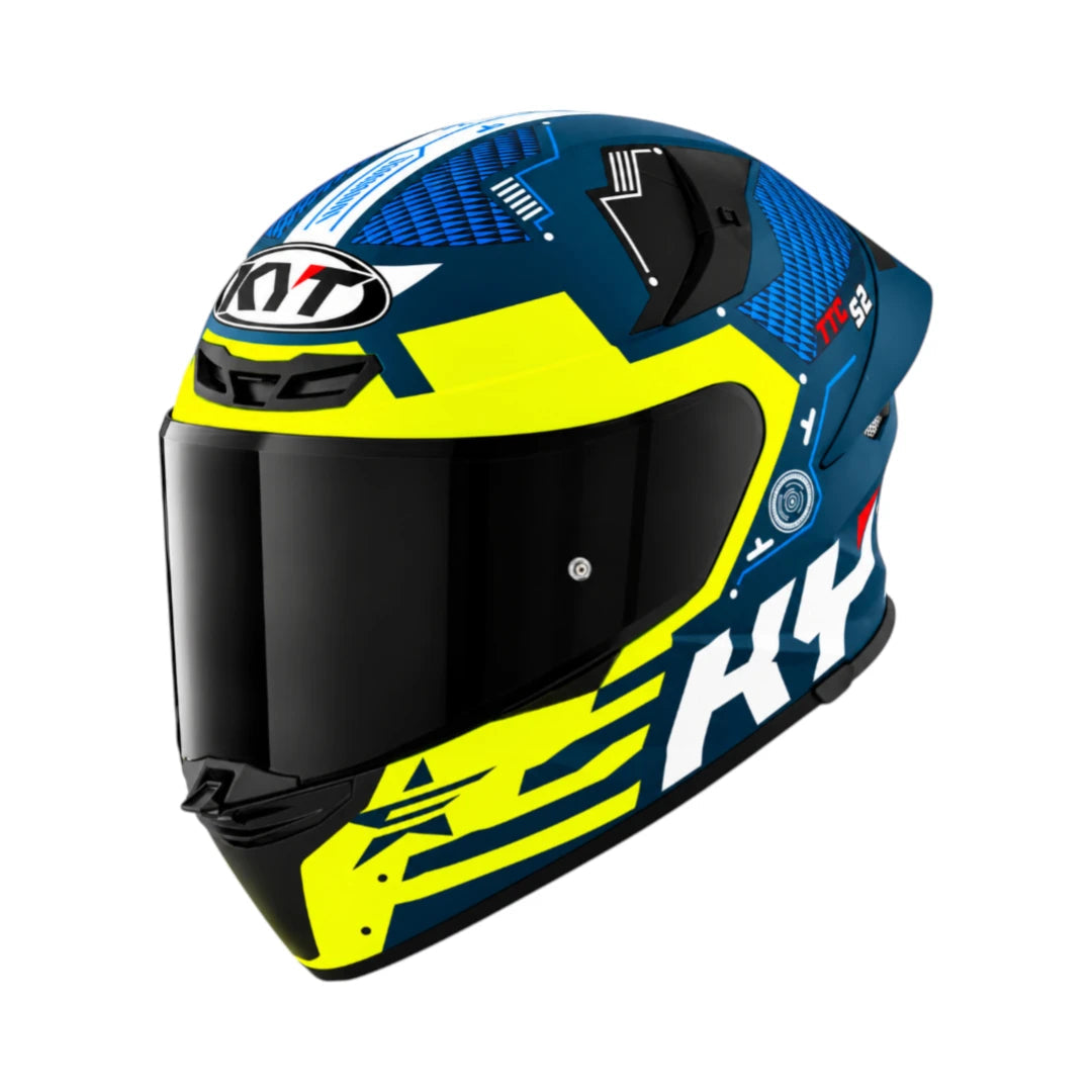 KYT TT Revo Fuselage full face motorcycle helmet in blue and yellow with a dark anti-scratch visor
