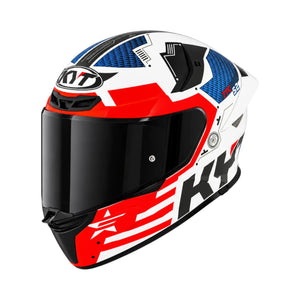 KYT TT Revo Fuselage full face motorcycle helmet in white, red, and blue with a dark anti-scratch visor