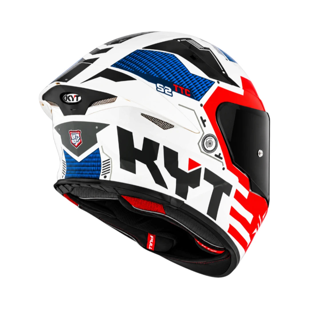 KYT TT Revo Fuselage full face motorcycle helmet in white, red, and blue with aerodynamic sport design.