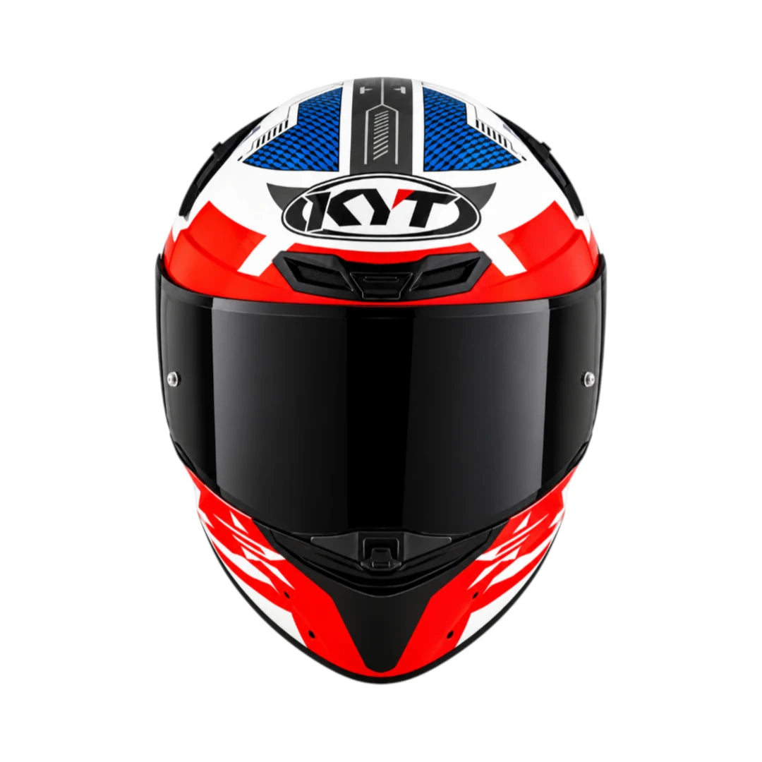 KYT TT Revo Fuselage full face motorcycle helmet in red, white, and blue with a dark tinted visor.