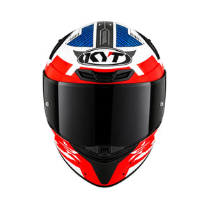 KYT TT Revo Fuselage full face motorcycle helmet in red, white, and blue with a dark tinted visor.