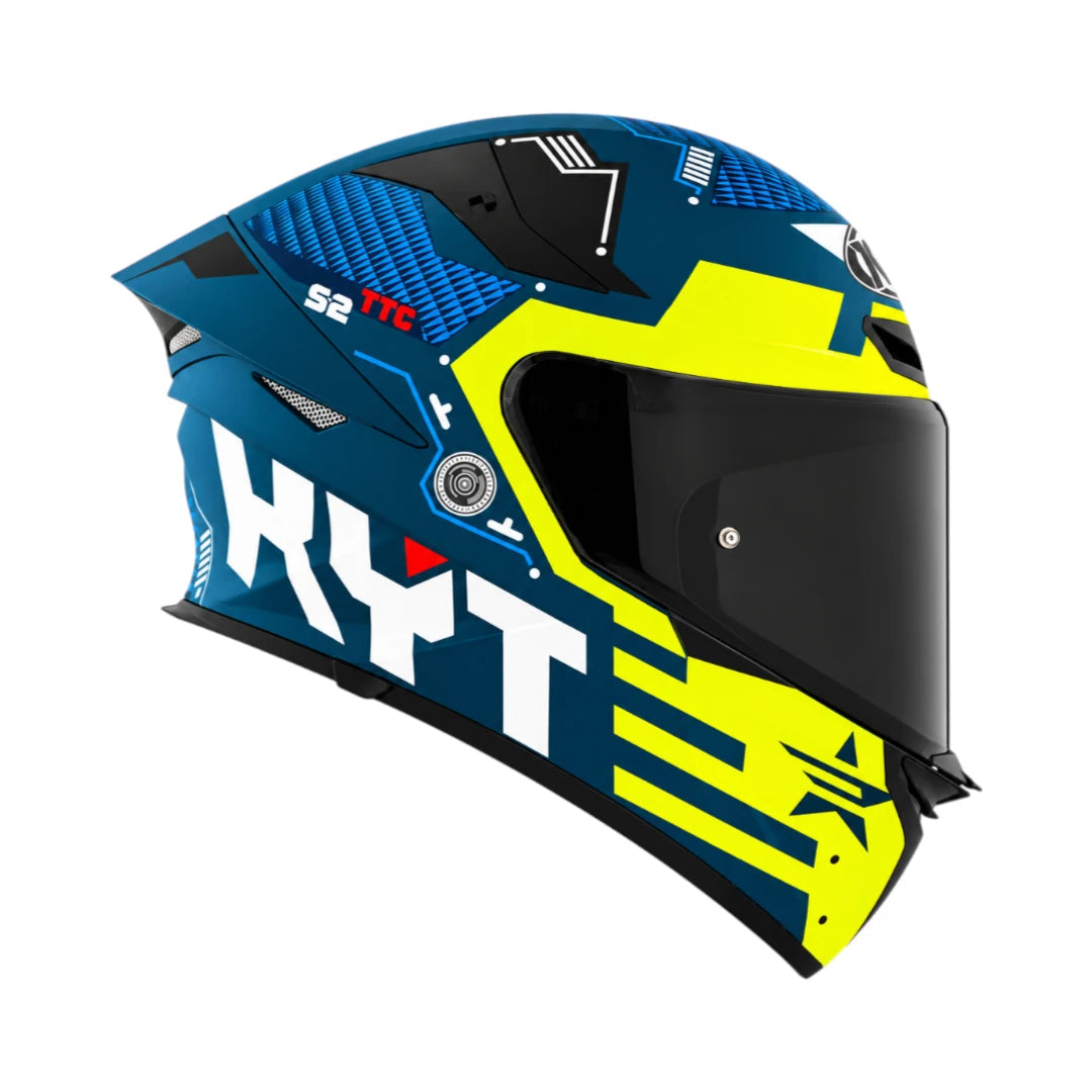 KYT TT Revo Fuselage full face motorcycle helmet in blue and yellow with aerodynamic sport design