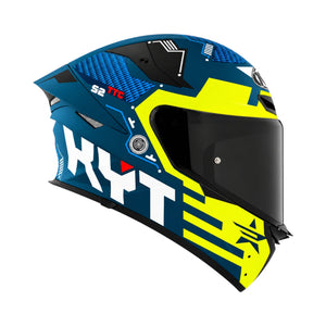 KYT TT Revo Fuselage full face motorcycle helmet in blue and yellow with aerodynamic sport design