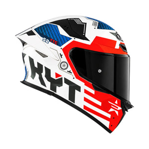 KYT TT Revo Fuselage full face motorcycle helmet in white, red, and blue with a dark anti-scratch visor.