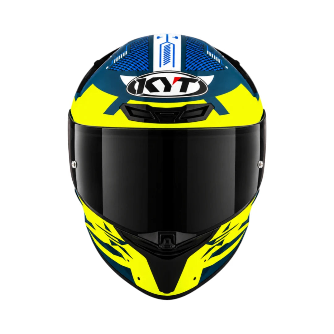 KYT TT Revo Fuselage full face motorcycle helmet in yellow and blue with a dark tinted visor