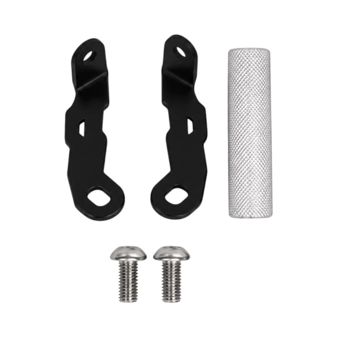 Legundary Triumph Tiger 900 Ploigos GPS mount kit with black steel brackets, silver aluminium spacer, and bolts