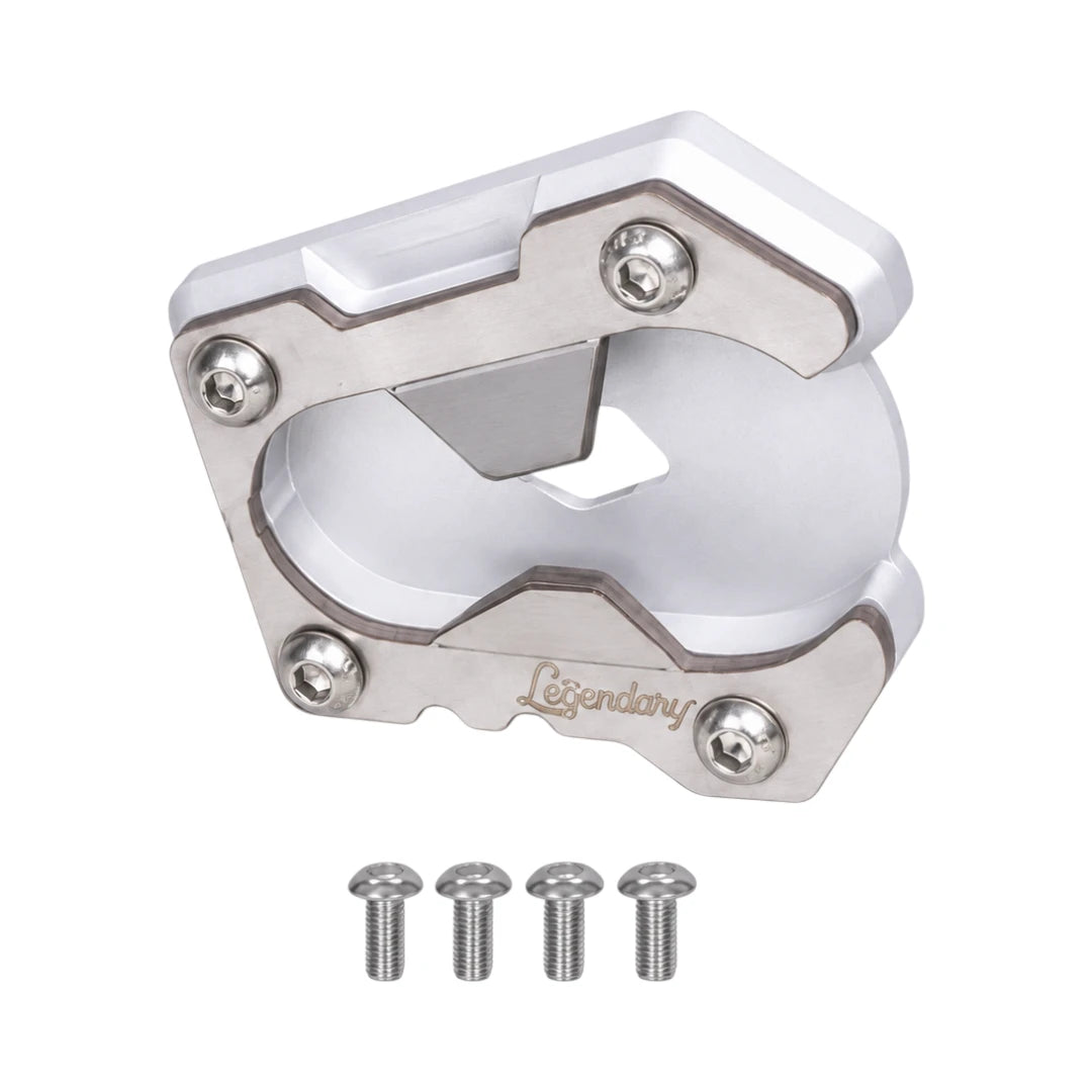 Angled view of the Legundary silver CNC aluminium clamp mount showing its machined body and mounting fasteners.