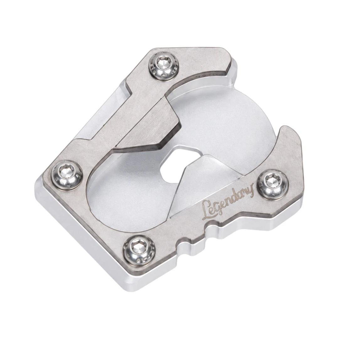 Legundary silver CNC-machined aluminium motorcycle clamp mount with metal fasteners and a polished finish.