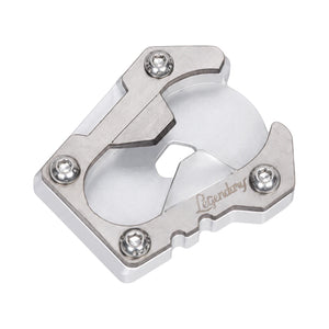 Legundary silver CNC-machined aluminium motorcycle clamp mount with metal fasteners and a polished finish.