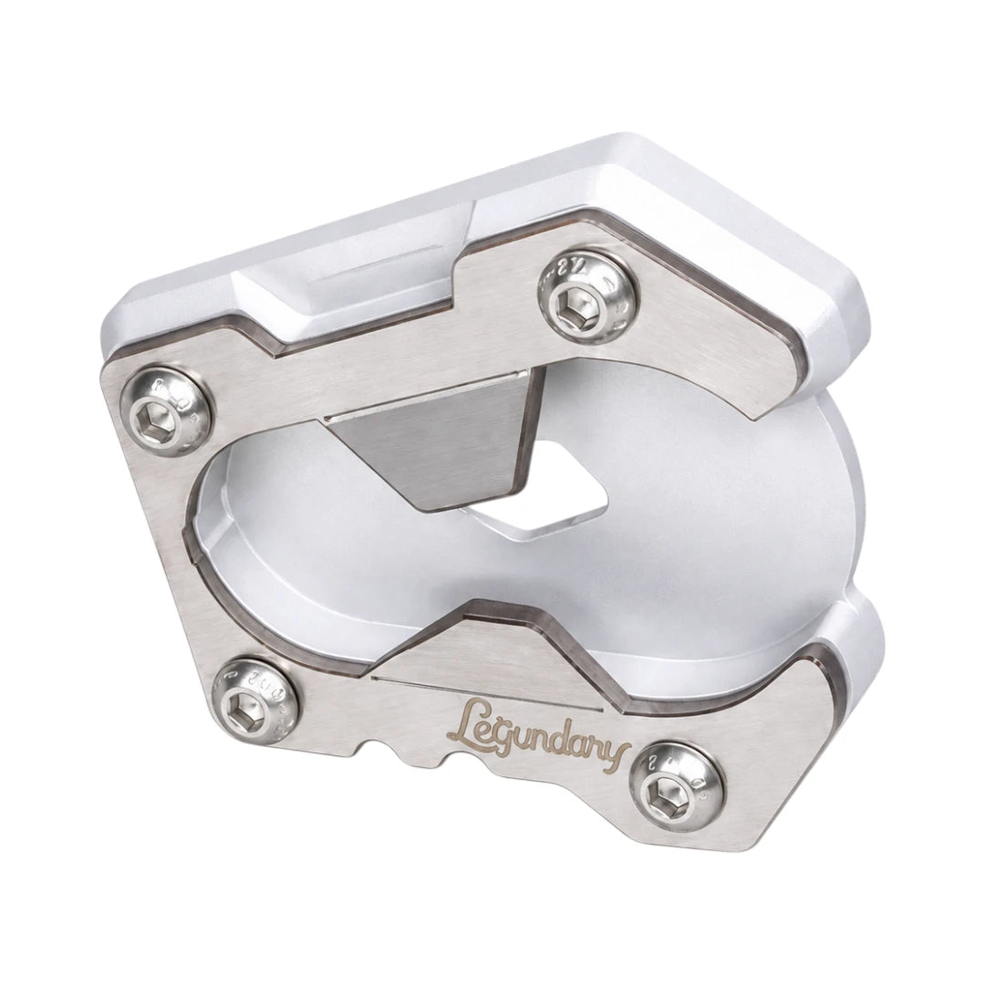 Legundary CNC-machined silver aluminium motorcycle clamp mount displayed with four mounting screws.